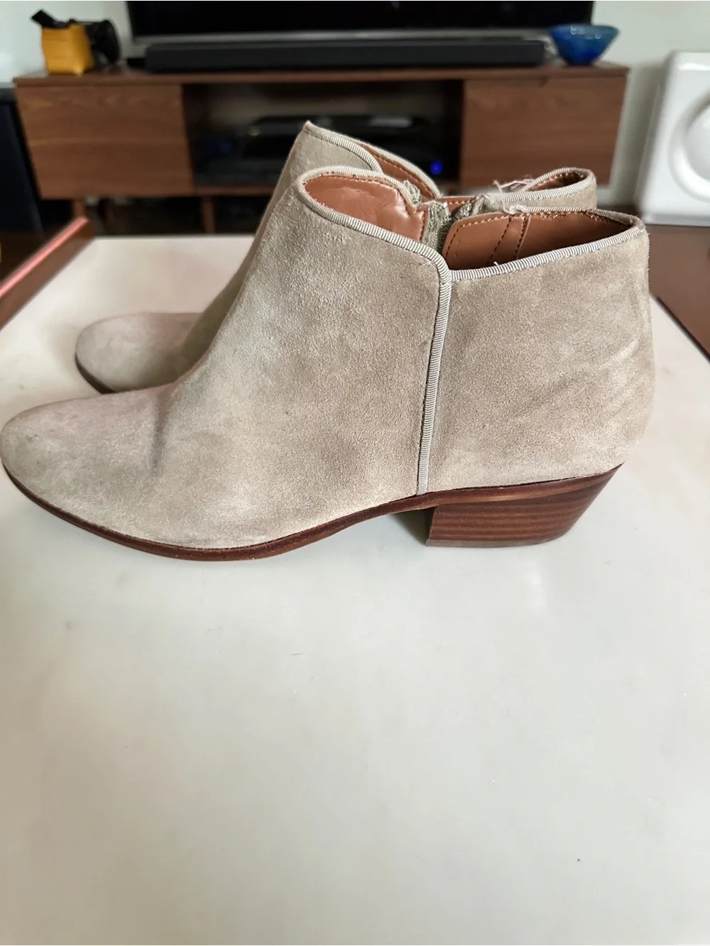 Sam Edelman Beige Suede Ankle Booties with Low Stacked Heel